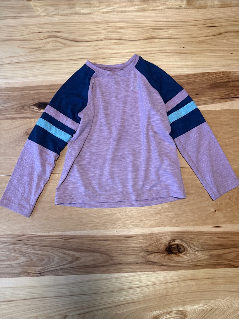 L.L. Bean Girls' Long-Sleeve Raglan Top - Dusty Pink, Navy & Aqua Stripes